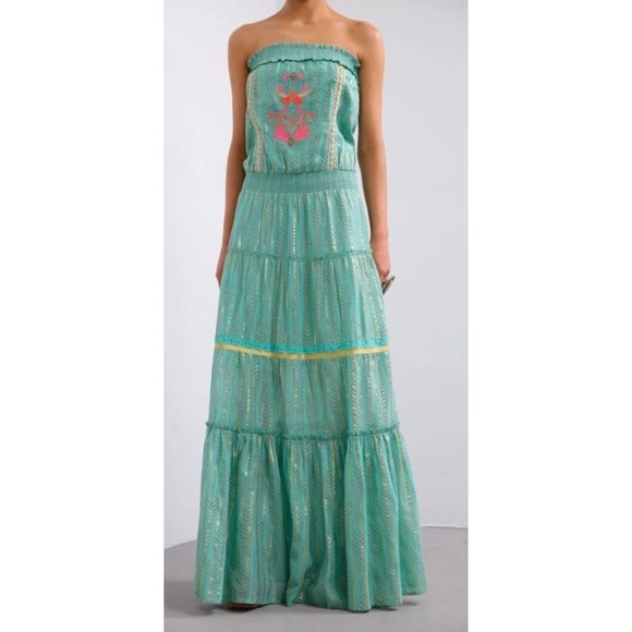Venus Teal Gold Metallic Chevron Embroidered Strapless Tiered Maxi Dress 2X - Picture 2 of 9